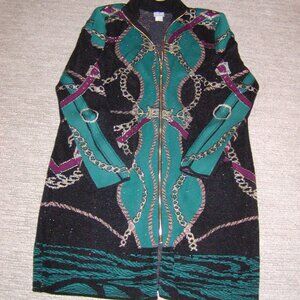 Chico's Size 3 (XL). Long Zip sweater.  Black/Green/Gold classic design